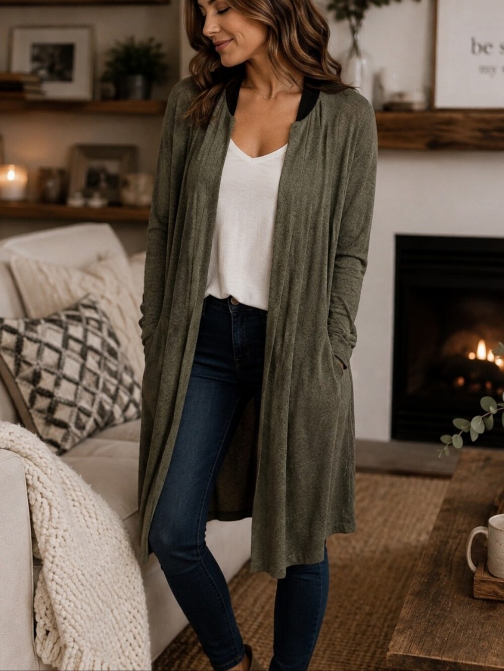 Olive + Oak Longline Cardigan Duster Open Front Size M